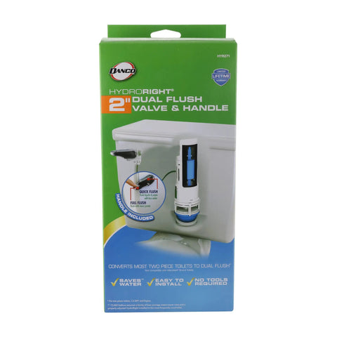 Packaging of HydroRight Dual Flush Valve And Lever Handle Replacement For Standard Toilets White Finish displayed.