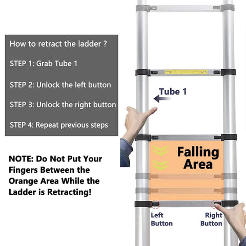 8.5ft Collapsible Telescoping Ladder With Locking Mechanism showing retraction instructions