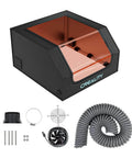 Creality laser engraver enclosure with orange window and blue logo; includes fan, duct hose, and mounting hardware.
