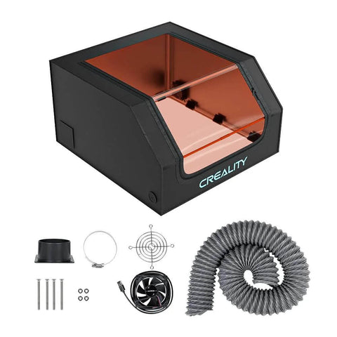 Creality laser engraver enclosure with orange window and blue logo; includes fan, duct hose, and mounting hardware.