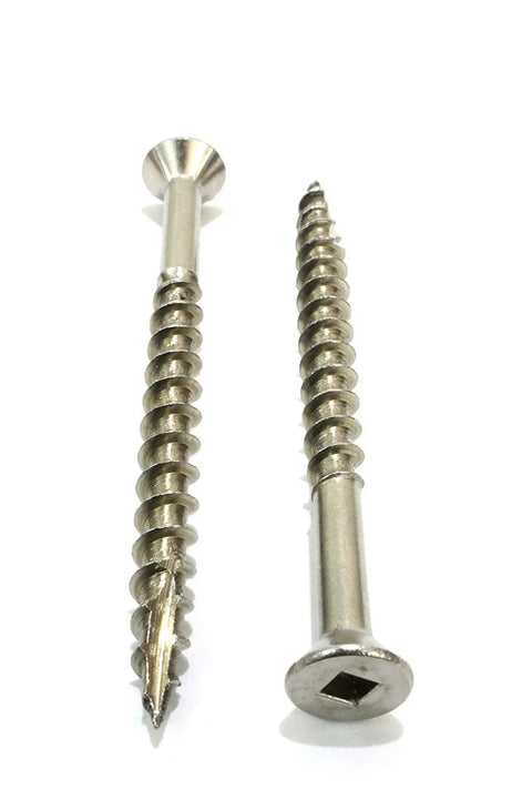 Dead Nuts Corrosion Resistant Stainless Deck Screws 100 Pack Square Drive Type 17 Wood Point 305 Marine Steel shown at an angle.