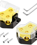 Heavy Duty 12V Car Audio Power Distribution Block 2 Way In 0 2 4 Gauge To Out 4 6 8 Gauge Amp Splitter For Automotive Marine Boat 2 Pack Easy Install Grounded Power Hub with clear cover, screws, and Allen keys