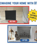 DIY fireplace transformation with before and after images featuring decorative lanterns and buddha statue.