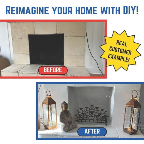 DIY fireplace transformation with before and after images featuring decorative lanterns and buddha statue.