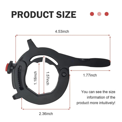 Universal Motorcycle Cruise Control Throttle Lock With Quick Release Thumb Twist Anti Skid Rustproof Handlebar Booster Clamp size dimensions shown in inches.