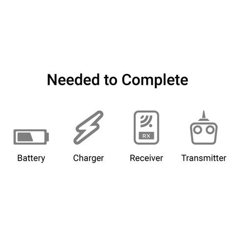 Components needed to complete: battery, charger, receiver, transmitter for ElectroStreak 1.1m PNP RC Electric Airplane With Modern Features.