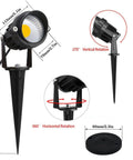 Diagram of 5W AC120V Landscape Up Down Spotlight With Spiked Stand and Base showing dimensions and rotation angles