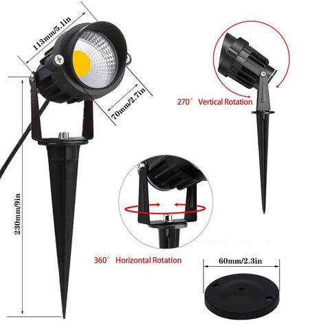 Diagram of 5W AC120V Landscape Up Down Spotlight With Spiked Stand and Base showing dimensions and rotation angles