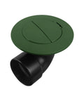 Front view of a pop up drainage emitter with elbow for 3 inch outlet, ready to install with drain and sewer pipes, in green and black.