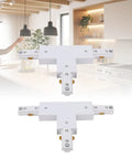 Two Pack H Track T Connector 3 Wire Single Circuit White 90 Degree Branch Track Lighting Adapter set in a modern kitchen.