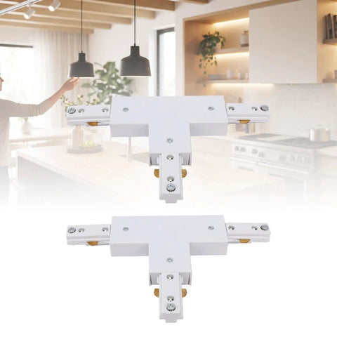 Two Pack H Track T Connector 3 Wire Single Circuit White 90 Degree Branch Track Lighting Adapter set in a modern kitchen.