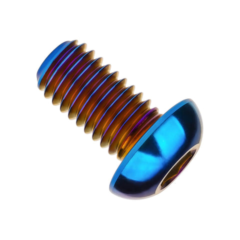 Grade 5 Titanium M6 X 12 mm Button Head Socket Cap Screws Sick Burnt Blue Anodized Heavy Duty showcasing head and thread details.