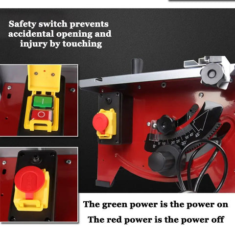 Slick Portable Bench Top Table Saw With Killer 4800 Rpm Motor Cuts Clean Fast For Easy Woodworking Setup showing safety switch controls.
