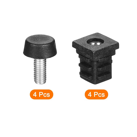 4 Pack Adjustable Furniture Leveling Feet, M6 Screw In Square Tube Glides, black plastic support feet for furniture.