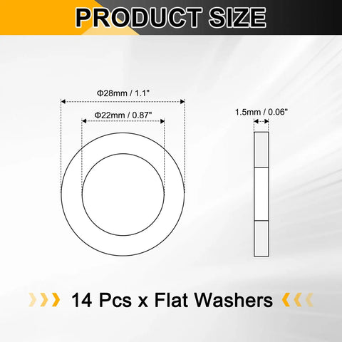 Heavy Duty Top Tier Copper Flat Washers M22 Drain Plug Gaskets size diagram showing 22mm ID and 28mm OD dimensions.