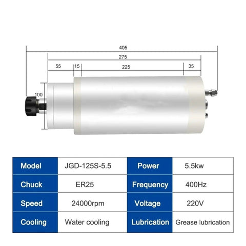 Diagram of Beefy Five And A Half Kilowatts CNC Milling Spindle Motor Water Cooled ER25 Chuck D125mm 24000 RPM 220V 380V showing dimensions and specs.