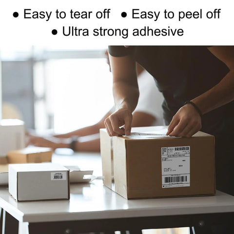 Person applying 4x6 Direct Thermal Shipping Labels For Fast Crystal Clear Printing 500 Labels Per Stack Fan Fold 1 Stack Per Box Commercial Grade Labels For Barcodes And Addressing on cardboard box in warehouse setting.