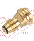 Brass POL To QCC1 Propane Tank Adapter for Barbecue Grills and Lanterns, dimensions labeled, made of heavy-duty brass