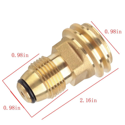 Brass POL To QCC1 Propane Tank Adapter for Barbecue Grills and Lanterns, dimensions labeled, made of heavy-duty brass