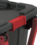 Close-up of latch on Beefy 40 Gallon Plastic Storage Bins 2 Pack With Durable Lids And Secure Latching Buckles Stackable Heavy Duty Totes.