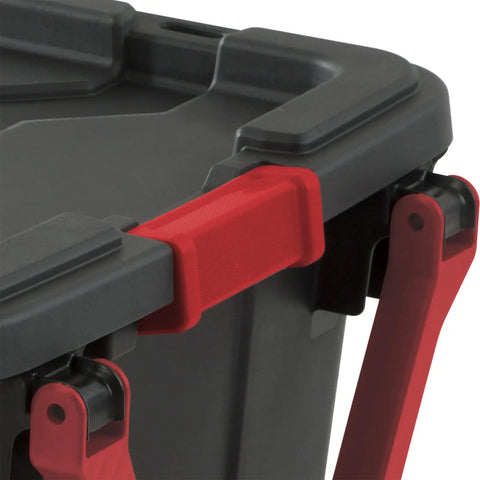 Close-up of latch on Beefy 40 Gallon Plastic Storage Bins 2 Pack With Durable Lids And Secure Latching Buckles Stackable Heavy Duty Totes.