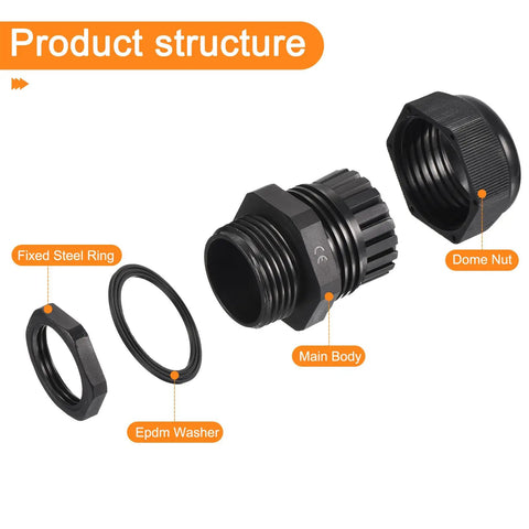 All Weather 20 Piece Pro Grade Cable Gland Kit showing main body, dome nut, fixed steel ring, and EPDM washer