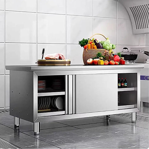 Built Tough Heavy Duty Prep Workbench With Sliding Doors Rust Resistant Stainless Steel Kitchen Table showcasing food and storage.