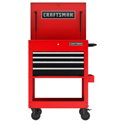 Front view of Rolling Tool Chest With Drawers And Locking Steel Cabinet Power Outlets And USB Port Four Swivel Casters Red Built Tough Utility Cart Holds Up To 700 Lbs Surface Liners Included.