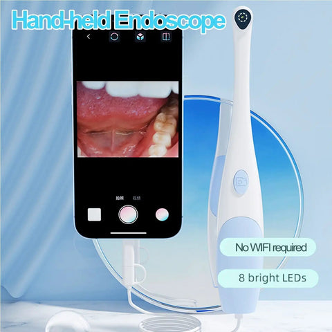 Oral Endoscope With 1920P HD Camera And 8 Handy LED Lights, 70 Degree Rotatable Angle For Close Up Teeth, At Home Dental Check Camera For Android And iOS, Easy Phone Recording And Clear Dental View In Purple. handheld dental endoscope with phone display and white body