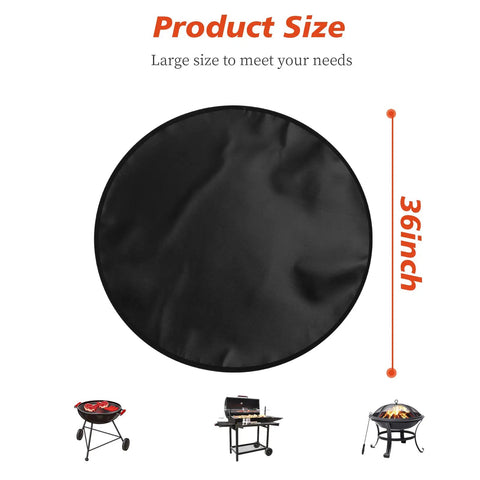 36 Inch Fire Pit Mat 3 Layer Fireproof Heat Resistant Under Grill Mat Double Sided Silicone Deck And Patio Protector Round BBQ Mat Easy To Clean Reusable shown with size chart and grills.