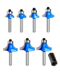 7 Piece Roundover Router Bit Set With One Quarter Inch Carbide Bits And One Half Inch Shank Adapters for woodworking