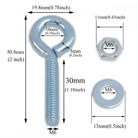 12 Pack Silver Lifting Ring Eye Bolts One Quarter Twenty Thread One Point Eighteen Inch Length Beefy Heavy Duty Lift Fix Tie Cable Pipe Clamps Kit For Home Workshop On The Jobsite M6 eye bolt with washer and nut, 30mm thread, carbon steel