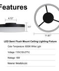 Dope Modern LED Semi Flush Mount Ceiling Light With Black Ring Vintage Modern Eleven Point Eight Inch Ring 18W Daylight 6000K Ceiling Lamp For Laundry Room And Bedroom Bright Energy Efficient Fixture That Elevates Any Space, dimensions and specs displayed, side and top view diagram.