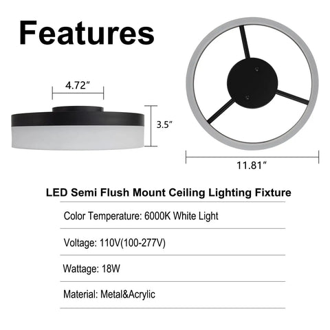 Dope Modern LED Semi Flush Mount Ceiling Light With Black Ring Vintage Modern Eleven Point Eight Inch Ring 18W Daylight 6000K Ceiling Lamp For Laundry Room And Bedroom Bright Energy Efficient Fixture That Elevates Any Space, dimensions and specs displayed, side and top view diagram.