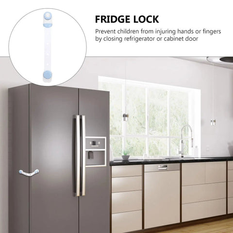 Three Pack White Refrigerator Cabinet Locks No Punch Design Easy Install Prevents Accidental Openings in kitchen setting