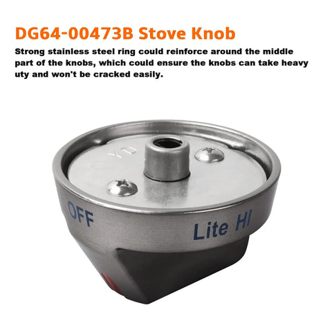 Replacement Stove Knob Kit For Gas Range And Oven Durable Easy Install 5 Pack Compatible With Samsung DG64 00473A 00473B And Related Models Includes NX58H5600SS AA00 AP5917439 PS9606608 3447565, featuring a single knob with stainless steel detailing.