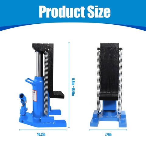 Heavy Duty 2 In 1 Hydraulic Bottle Toe Jack With Savage 10 Ton And 5 Ton Capacity measurement image showing height 16.9in and width 10.2in.
