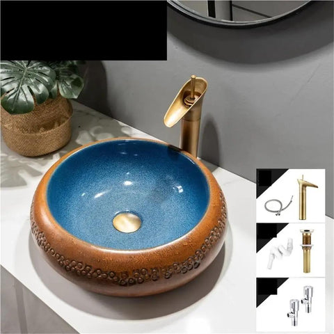 USZWBY Vessel Vanity Sink Retro Small Bathroom Sink Simple Round Above Counter Basin with Faucet and Drain Modern Countertop close-up view