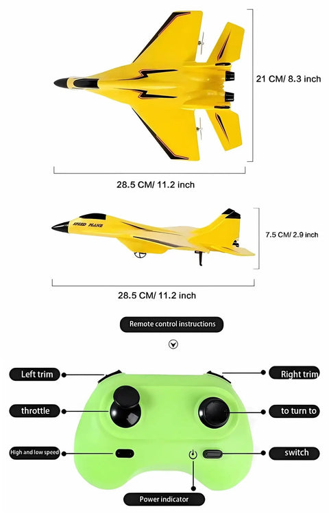 Diagram showing dimensions of Remote Control Airplane Toy With Lights And USB Rechargeable Battery Drop Resistant Foam RC Plane Glider In Fighter Jet Style For Outdoor Fun Rad 2 4G Control Great For Adults And Aircraft Enthusiasts with controller controls.