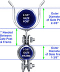 Beefed Up Galvanized Chain Link Fence Gate Fork Latch With Security Padlock Cutout For 1 3/8 Frame And 2 3/8 Post showing dimensions and installation details.