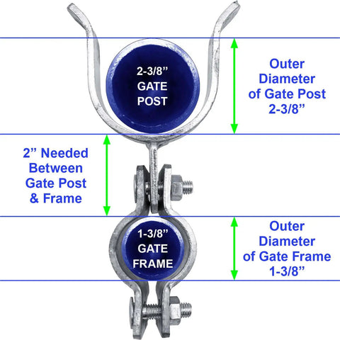 Beefed Up Galvanized Chain Link Fence Gate Fork Latch With Security Padlock Cutout For 1 3/8 Frame And 2 3/8 Post showing dimensions and installation details.