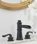 Black Waterfall Bathroom Faucet With 8 Inch Widespread Arc, Dual Lever Handles, Farmhouse Style 3-Hole Vanity Faucet With Pop Up Drain