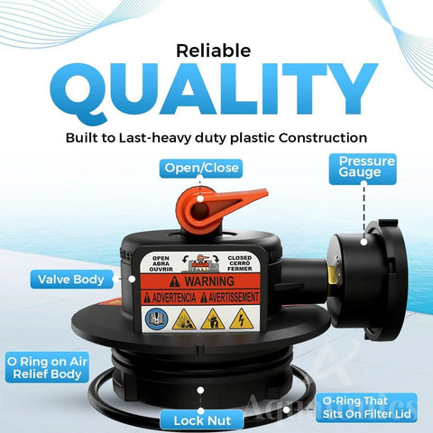 Front view of Aquatonics manual air relief valve assembly with orange lever, pressure gauge, and O-rings.