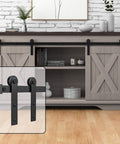 Front view of Super Mini Barn Door Hardware Kit for Sliding Double Doors on TV stand, I Shape hanger, carbon steel finish.