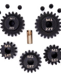 RC car Pinion Gear Set 5mm 14T 16T 18T 20T 22T displayed with screws and tool, durable steel gears for 5mm shafts.