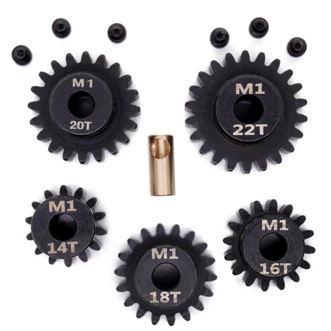 RC car Pinion Gear Set 5mm 14T 16T 18T 20T 22T displayed with screws and tool, durable steel gears for 5mm shafts.