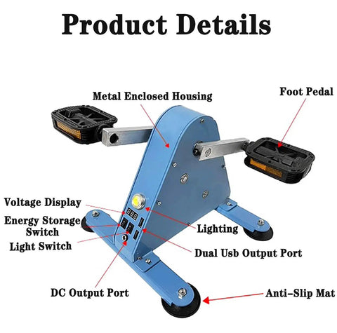 100W Portable Foot Pedal Generator With Hand Crank DC 1 To 35V Emergency Power Supply for Home and Outdoor Use showing detailed parts.