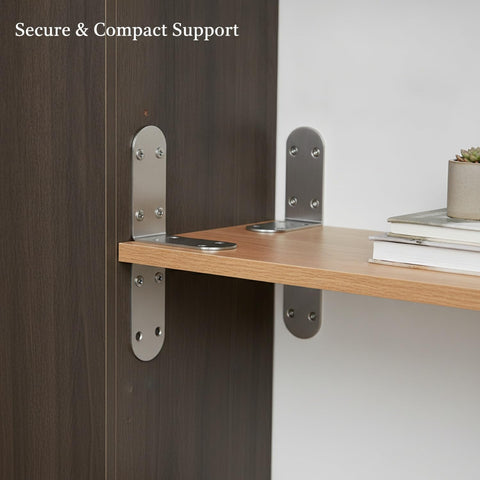 Rock Solid Stainless Steel L Brackets 90 Degree Corner Brace For Furniture And Shelf Reinforcement 4 Pack mounted on a shelf.