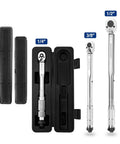 Heavy Duty Shop Torque Wrench Set Featuring Adjustable 5 To 100 Ft Lb Range Including Quarter Three Eighth And Half Inch Drives; 1/4 and 3/8 drive wrenches in case.