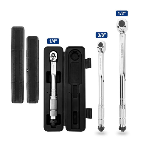 Heavy Duty Shop Torque Wrench Set Featuring Adjustable 5 To 100 Ft Lb Range Including Quarter Three Eighth And Half Inch Drives; 1/4 and 3/8 drive wrenches in case.